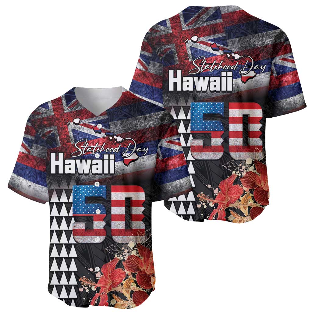 Hawaii Statehood Day Baseball Jersey 50th state of the United States Kakau Tattoos and Hibiscus Grunge LT03 - Polynesian Pride