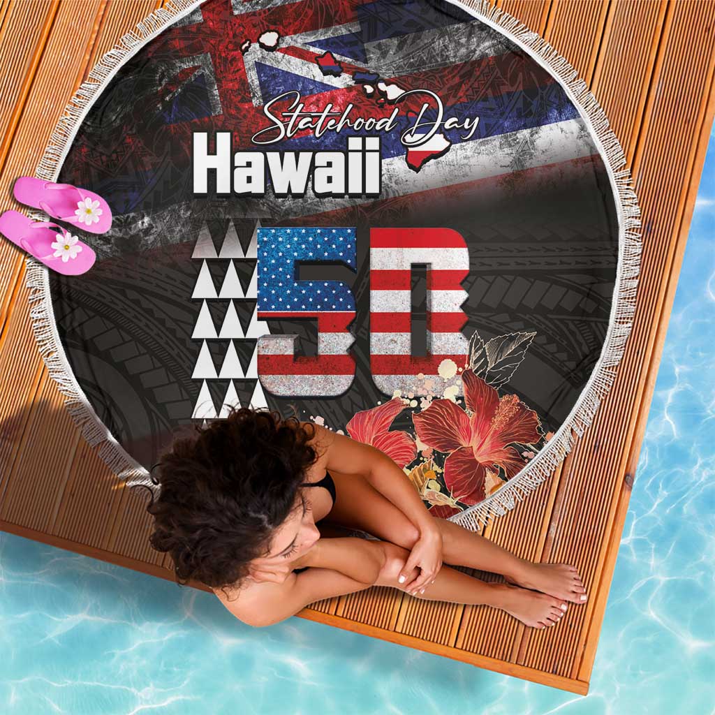 Hawaii Statehood Day Beach Blanket 50th state of the United States Kakau Tattoos and Hibiscus Grunge LT03 - Polynesian Pride