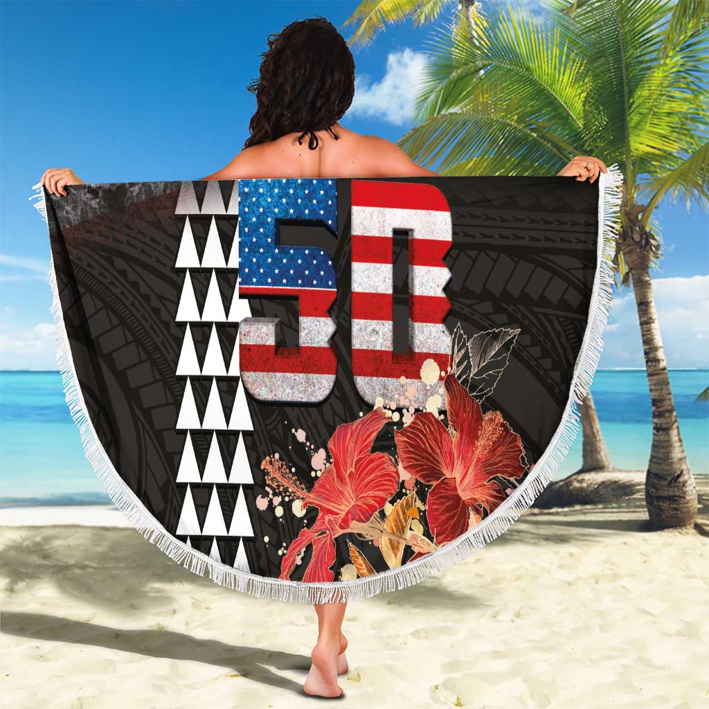 Hawaii Statehood Day Beach Blanket 50th state of the United States Kakau Tattoos and Hibiscus Grunge LT03 - Polynesian Pride