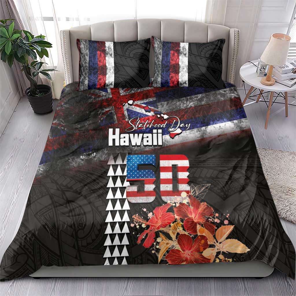 Hawaii Statehood Day Bedding Set 50th state of the United States Kakau Tattoos and Hibiscus Grunge LT03 - Polynesian Pride
