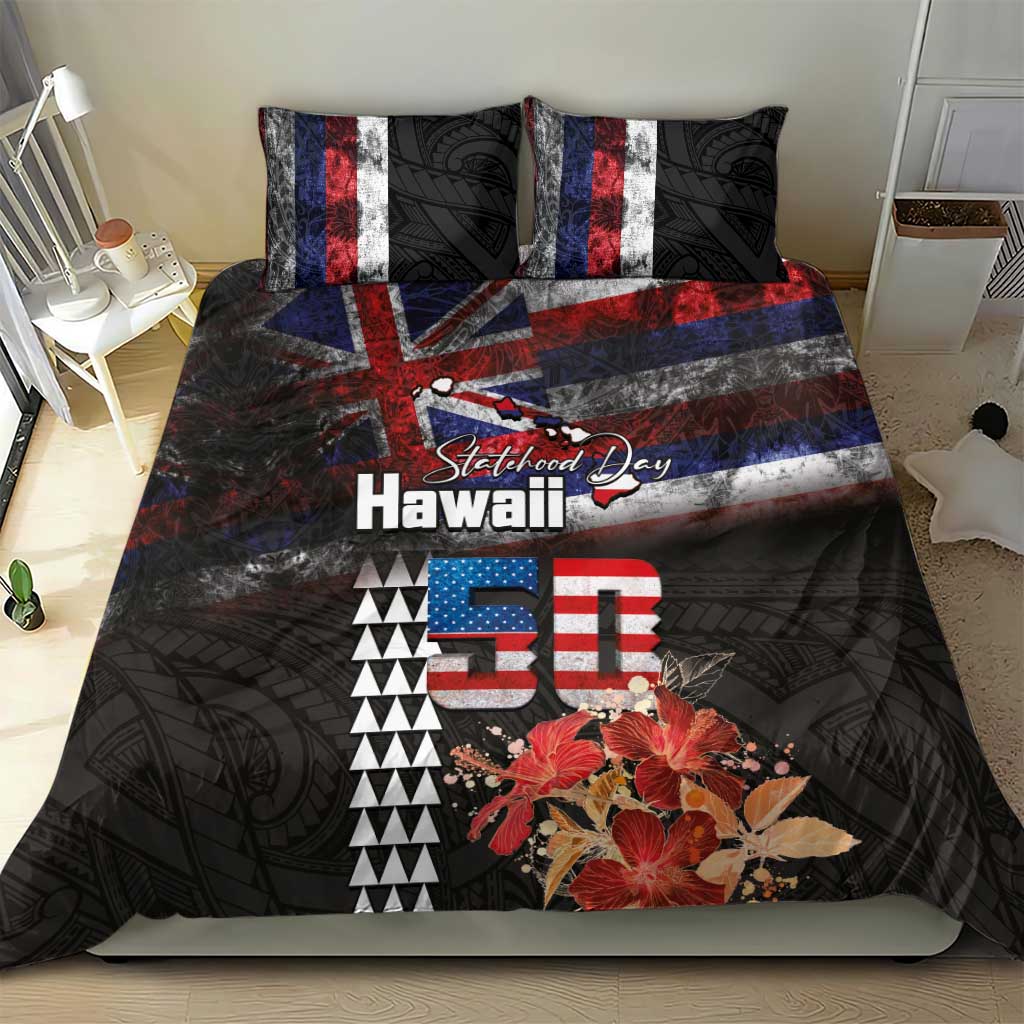 Hawaii Statehood Day Bedding Set 50th state of the United States Kakau Tattoos and Hibiscus Grunge LT03 - Polynesian Pride