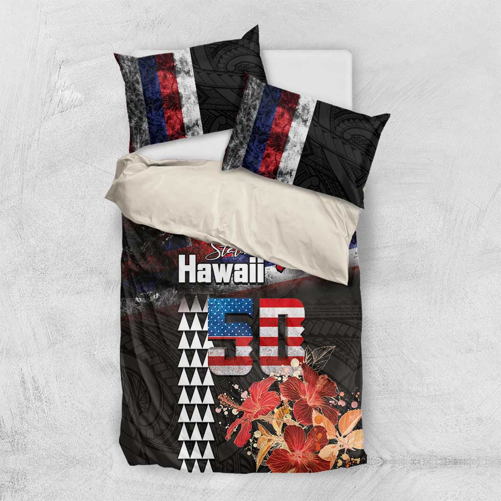 Hawaii Statehood Day Bedding Set 50th state of the United States Kakau Tattoos and Hibiscus Grunge LT03 US Twin 172cm x 218cm Black - Polynesian Pride