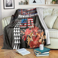 Hawaii Statehood Day Blanket 50th state of the United States Kakau Tattoos and Hibiscus Grunge LT03 Black - Polynesian Pride