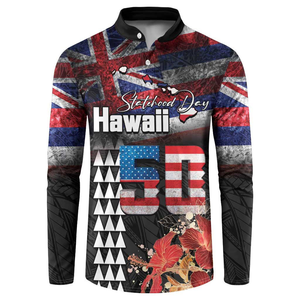 Hawaii Statehood Day Button Sweatshirt 50th state of the United States Kakau Tattoos and Hibiscus Grunge LT03 Black - Polynesian Pride