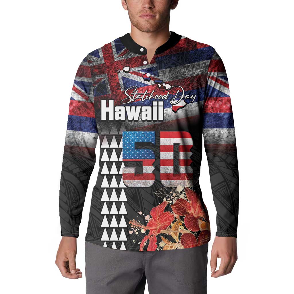 Hawaii Statehood Day Button Sweatshirt 50th state of the United States Kakau Tattoos and Hibiscus Grunge LT03 - Polynesian Pride
