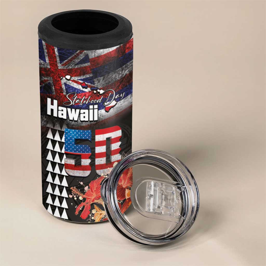 Hawaii Statehood Day 4 in 1 Can Cooler Tumbler 50th state of the United States Kakau Tattoos and Hibiscus Grunge LT03 - Polynesian Pride