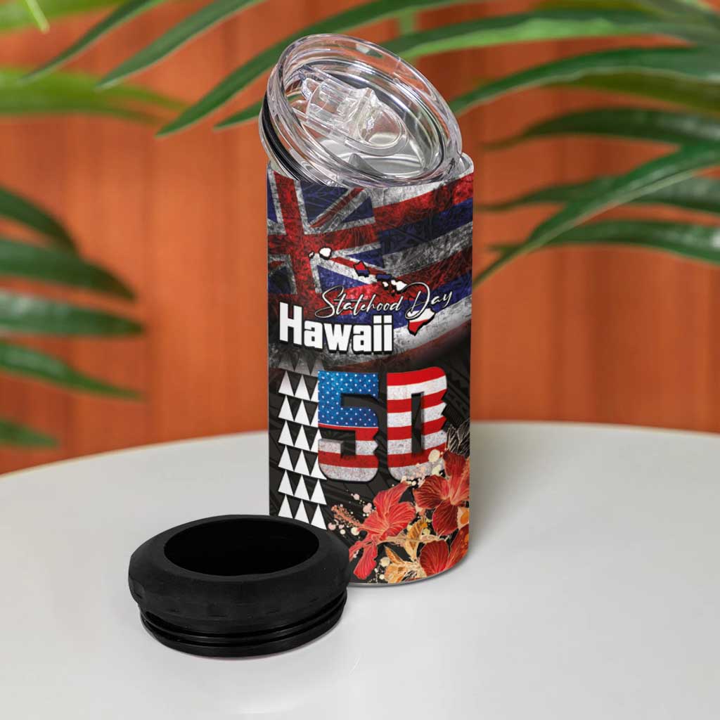 Hawaii Statehood Day 4 in 1 Can Cooler Tumbler 50th state of the United States Kakau Tattoos and Hibiscus Grunge LT03 - Polynesian Pride