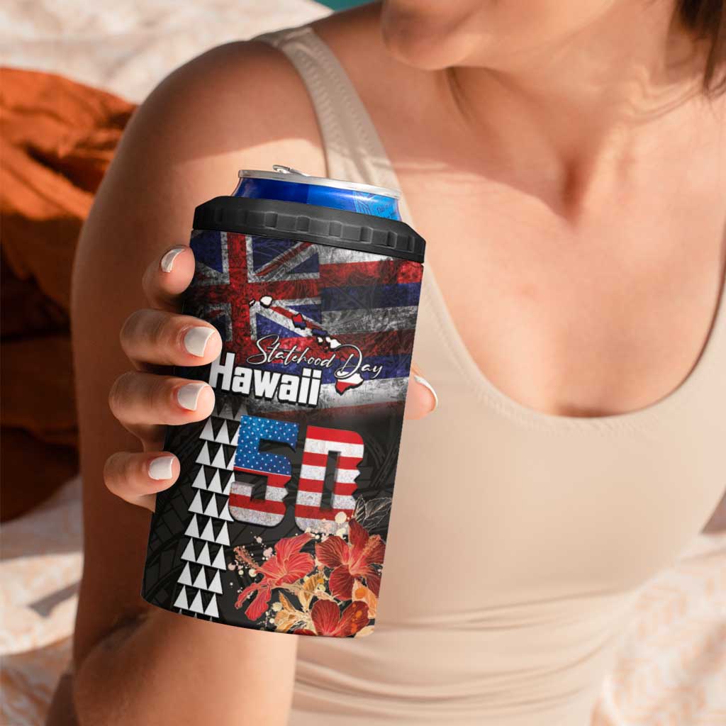 Hawaii Statehood Day 4 in 1 Can Cooler Tumbler 50th state of the United States Kakau Tattoos and Hibiscus Grunge LT03 - Polynesian Pride