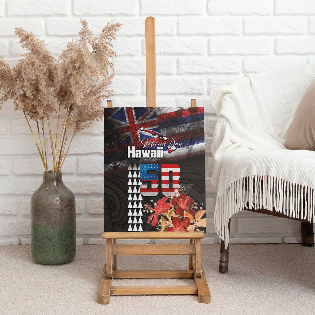 Hawaii Statehood Day Canvas Wall Art 50th state of the United States Kakau Tattoos and Hibiscus Grunge LT03 - Polynesian Pride