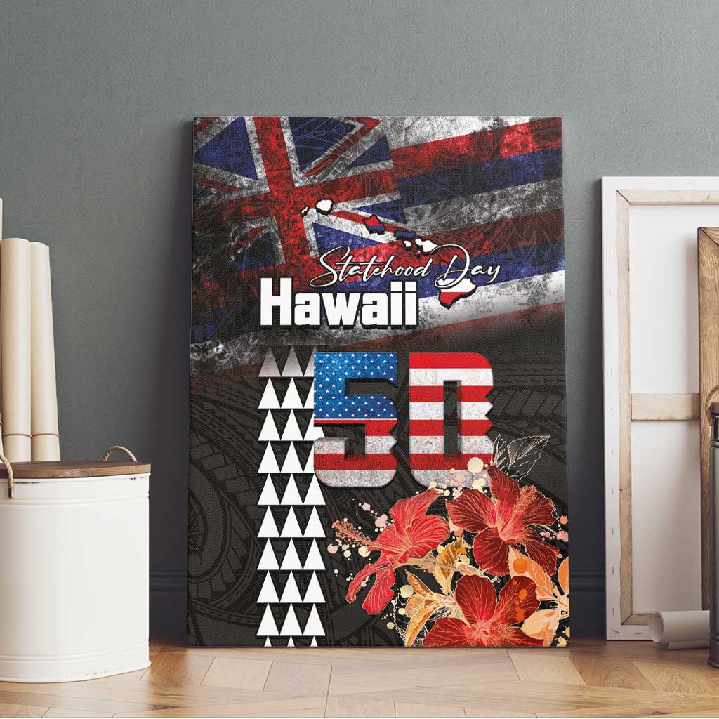 Hawaii Statehood Day Canvas Wall Art 50th state of the United States Kakau Tattoos and Hibiscus Grunge LT03 - Polynesian Pride