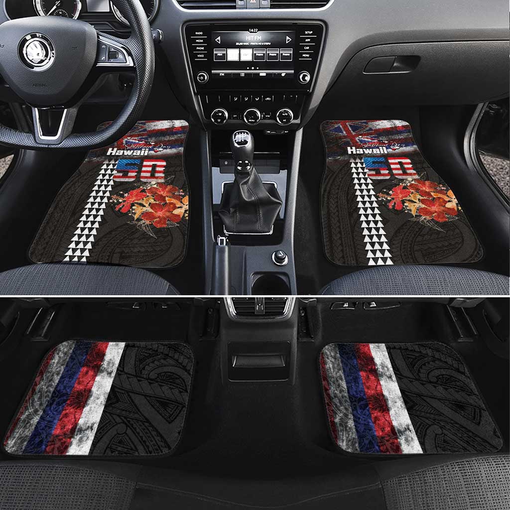 Hawaii Statehood Day Car Mats 50th state of the United States Kakau Tattoos and Hibiscus Grunge LT03 Set 4pcs Black - Polynesian Pride
