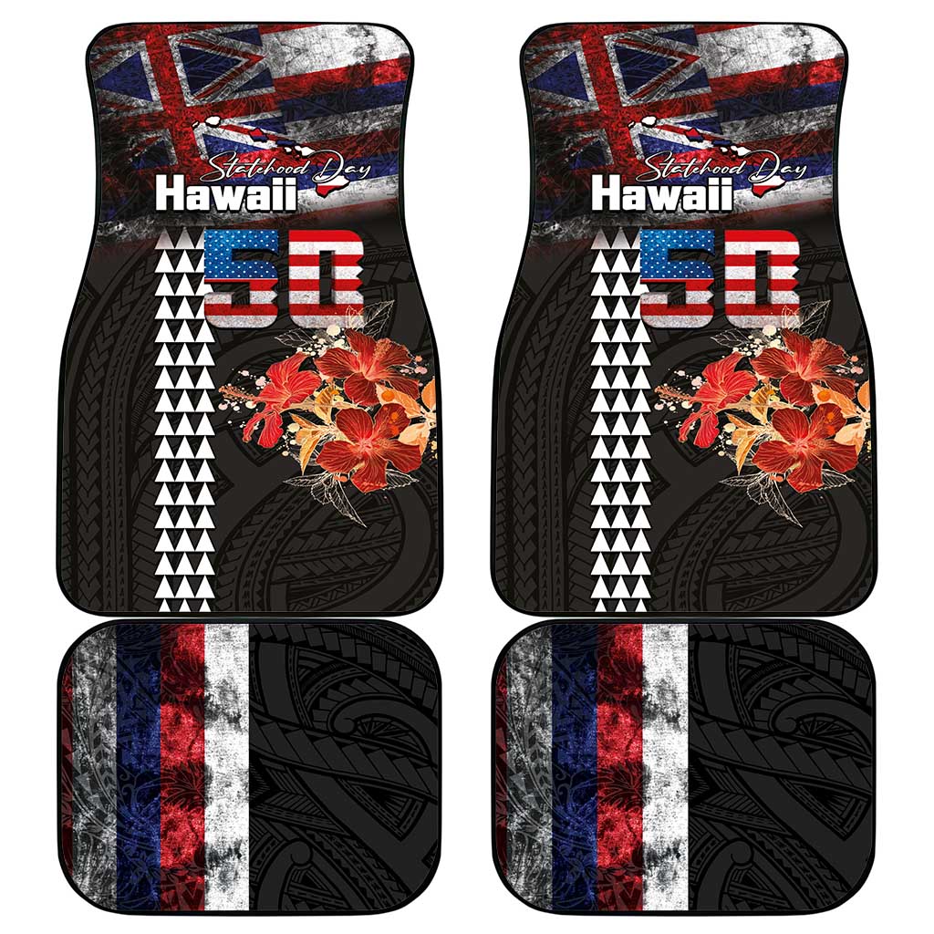 Hawaii Statehood Day Car Mats 50th state of the United States Kakau Tattoos and Hibiscus Grunge LT03 - Polynesian Pride