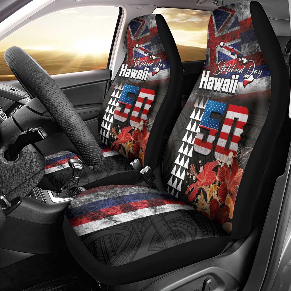 Hawaii Statehood Day Car Seat Cover 50th state of the United States Kakau Tattoos and Hibiscus Grunge LT03 - Polynesian Pride