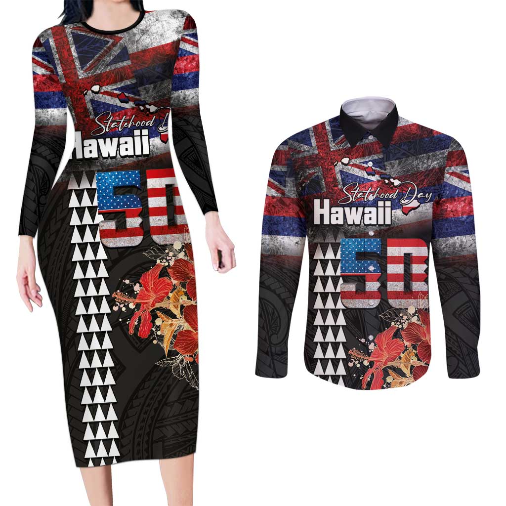 Hawaii Statehood Day Couples Matching Long Sleeve Bodycon Dress and Long Sleeve Button Shirt 50th state of the United States Kakau Tattoos and Hibiscus Grunge - Polynesian Pride