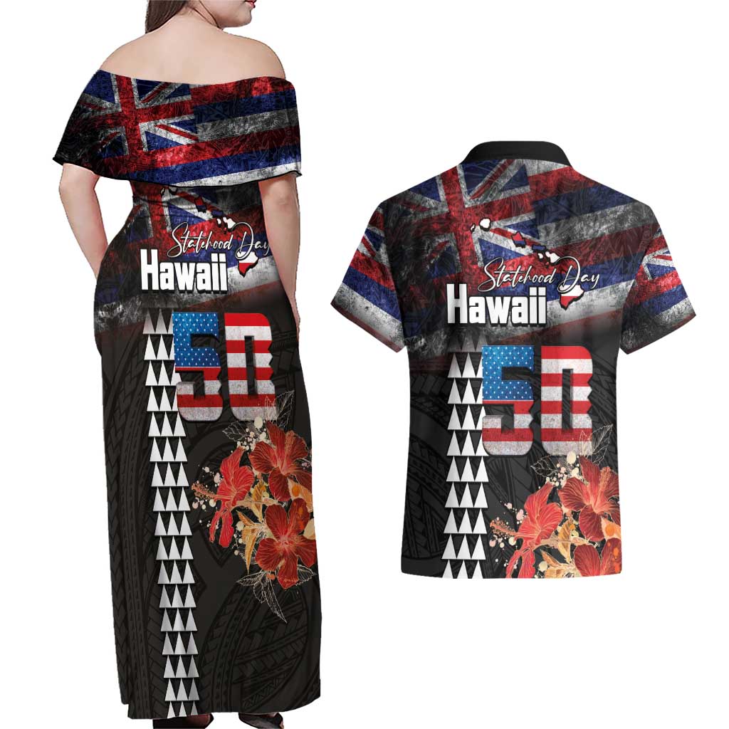 Hawaii Statehood Day Couples Matching Off Shoulder Maxi Dress and Hawaiian Shirt 50th state of the United States Kakau Tattoos and Hibiscus Grunge - Polynesian Pride