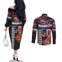 Hawaii Statehood Day Couples Matching Off The Shoulder Long Sleeve Dress and Long Sleeve Button Shirt 50th state of the United States Kakau Tattoos and Hibiscus Grunge - Polynesian Pride