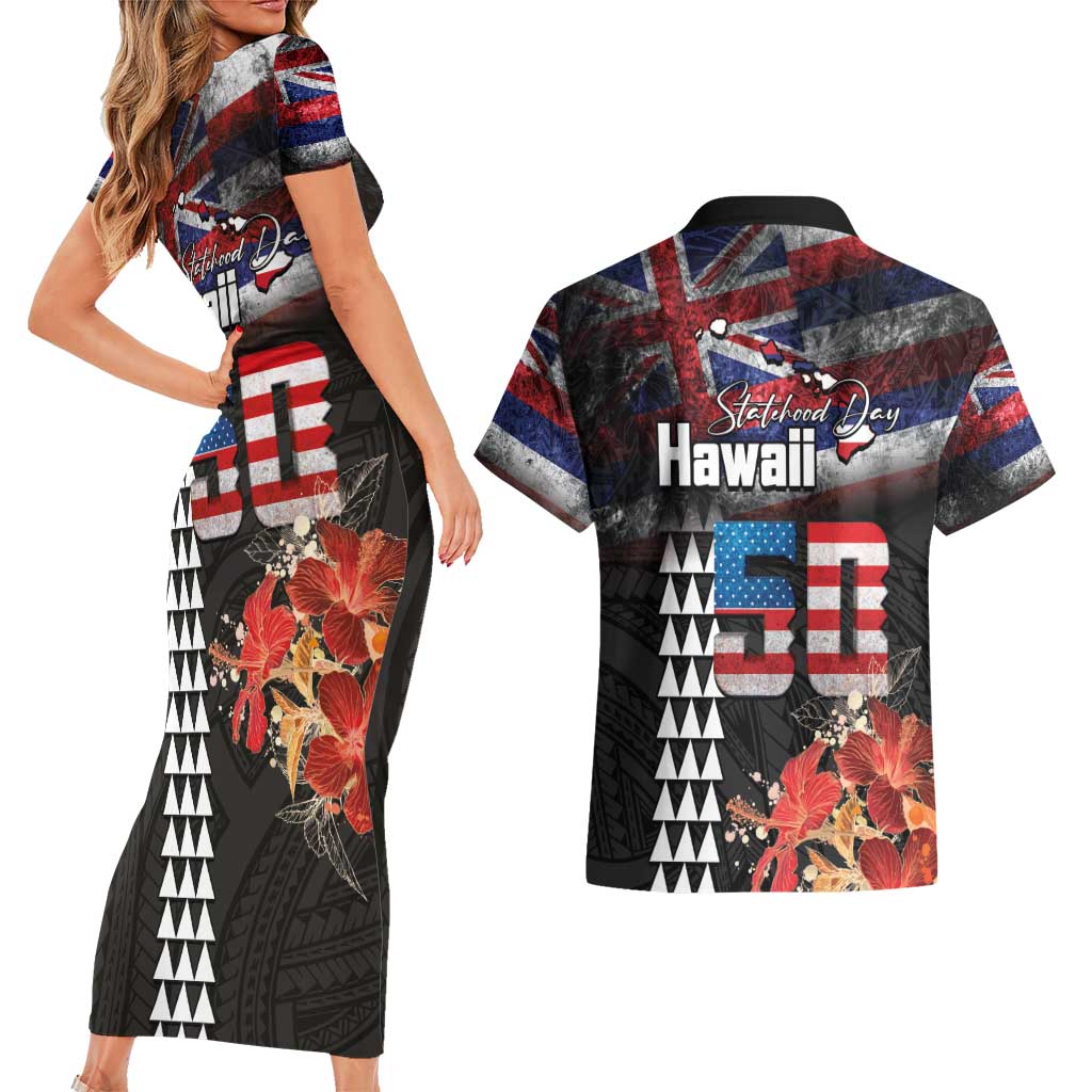 Hawaii Statehood Day Couples Matching Short Sleeve Bodycon Dress and Hawaiian Shirt 50th state of the United States Kakau Tattoos and Hibiscus Grunge - Polynesian Pride