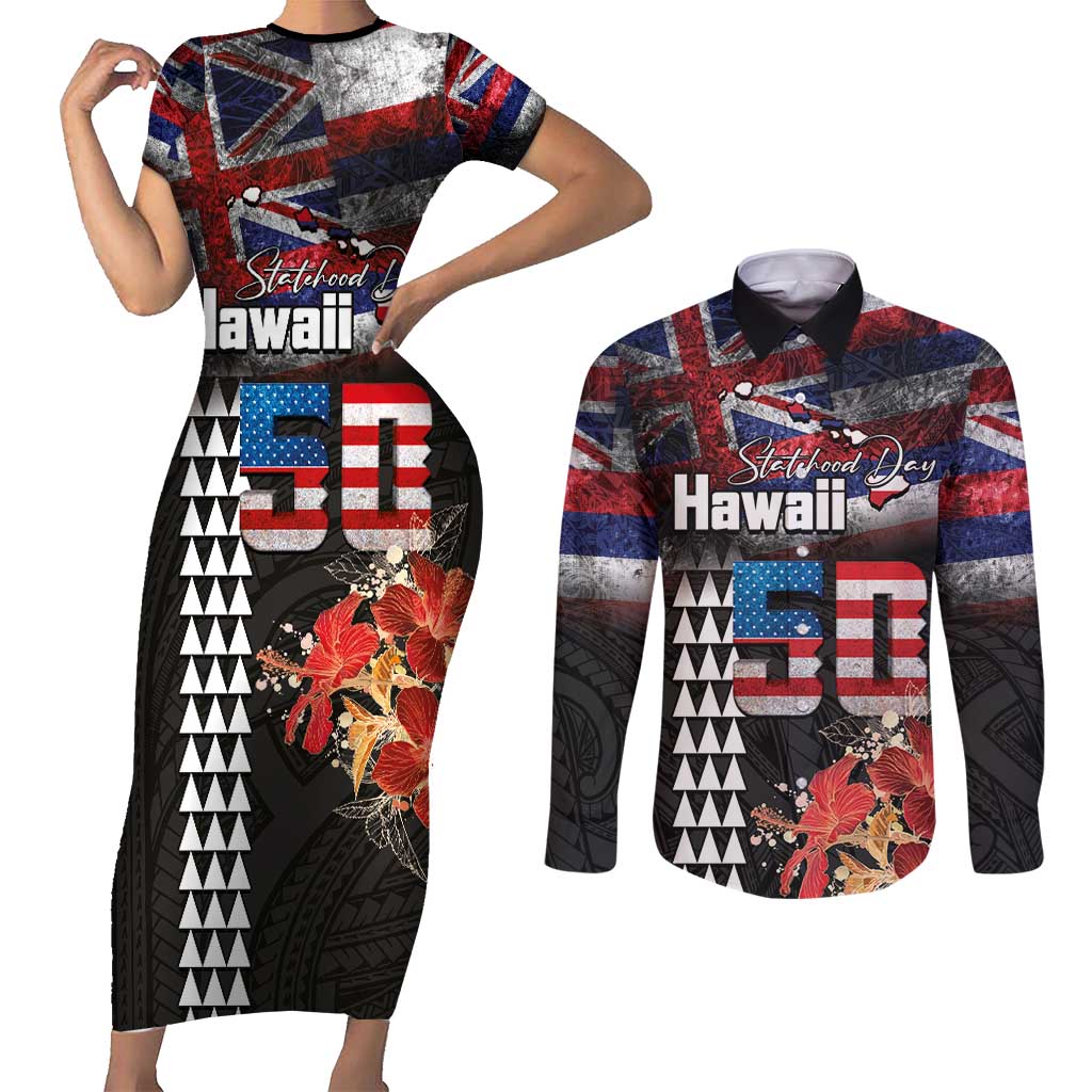 Hawaii Statehood Day Couples Matching Short Sleeve Bodycon Dress and Long Sleeve Button Shirt 50th state of the United States Kakau Tattoos and Hibiscus Grunge - Polynesian Pride