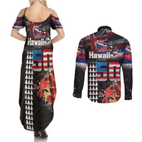Hawaii Statehood Day Couples Matching Summer Maxi Dress and Long Sleeve Button Shirt 50th state of the United States Kakau Tattoos and Hibiscus Grunge - Polynesian Pride