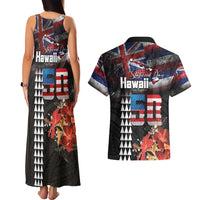 Hawaii Statehood Day Couples Matching Tank Maxi Dress and Hawaiian Shirt 50th state of the United States Kakau Tattoos and Hibiscus Grunge - Polynesian Pride