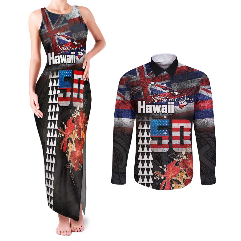 Hawaii Statehood Day Couples Matching Tank Maxi Dress and Long Sleeve Button Shirt 50th state of the United States Kakau Tattoos and Hibiscus Grunge - Polynesian Pride