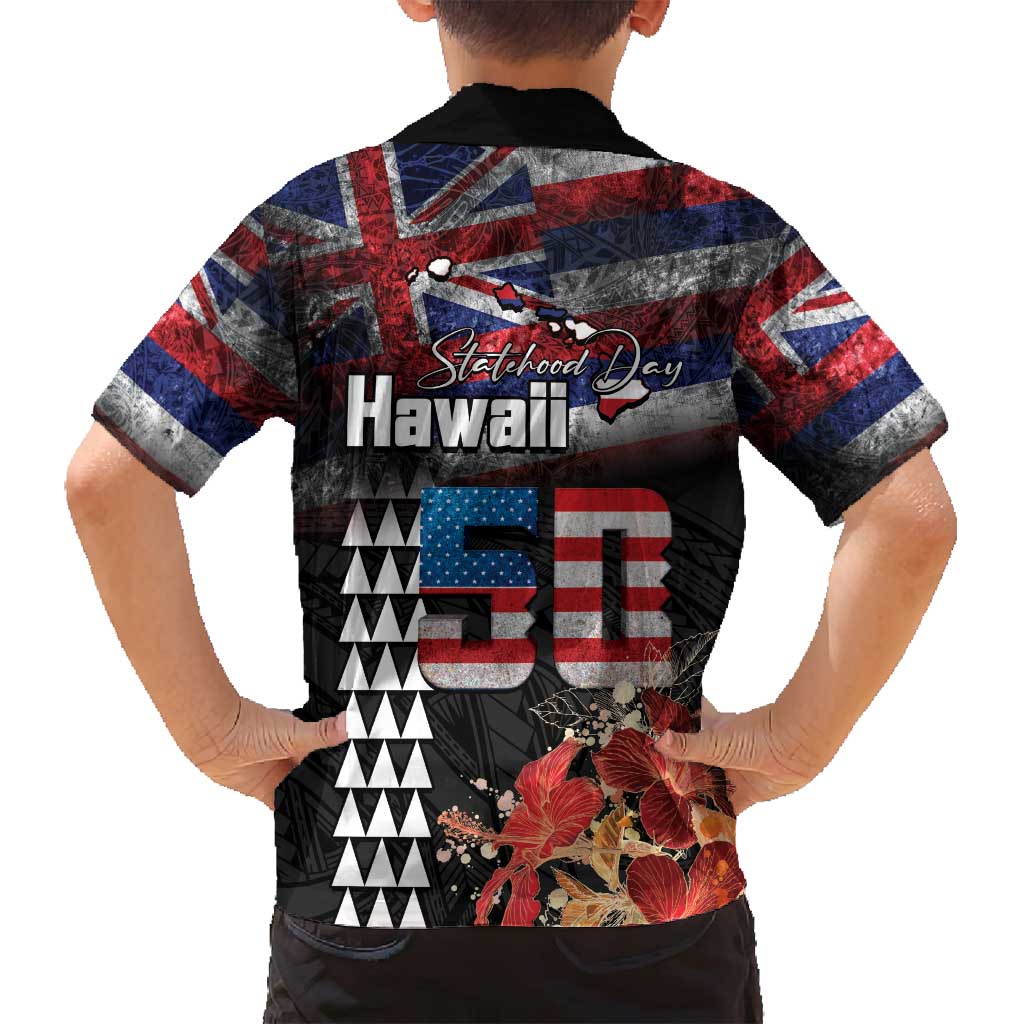 Hawaii Statehood Day Family Matching Long Sleeve Bodycon Dress and Hawaiian Shirt 50th state of the United States Kakau Tattoos and Hibiscus Grunge - Polynesian Pride