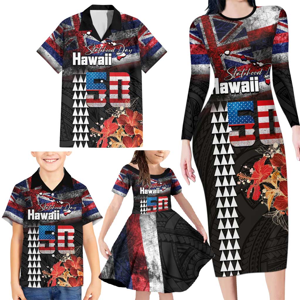 Hawaii Statehood Day Family Matching Long Sleeve Bodycon Dress and Hawaiian Shirt 50th state of the United States Kakau Tattoos and Hibiscus Grunge - Polynesian Pride