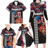 Hawaii Statehood Day Family Matching Long Sleeve Bodycon Dress and Hawaiian Shirt 50th state of the United States Kakau Tattoos and Hibiscus Grunge - Polynesian Pride
