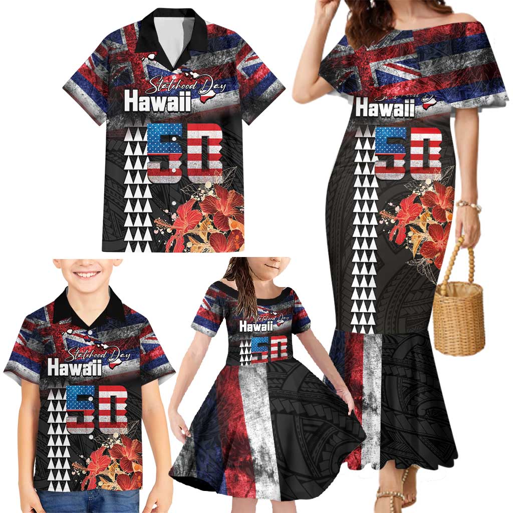 Hawaii Statehood Day Family Matching Mermaid Dress and Hawaiian Shirt 50th state of the United States Kakau Tattoos and Hibiscus Grunge LT03 - Polynesian Pride