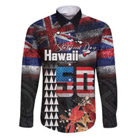 Hawaii Statehood Day Family Matching Mermaid Dress and Hawaiian Shirt 50th state of the United States Kakau Tattoos and Hibiscus Grunge LT03 Dad's Shirt - Long Sleeve Black - Polynesian Pride