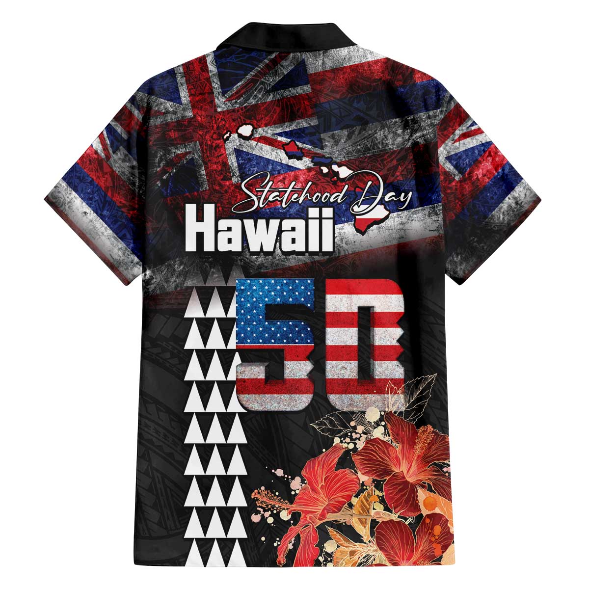 Hawaii Statehood Day Family Matching Off The Shoulder Long Sleeve Dress and Hawaiian Shirt 50th state of the United States Kakau Tattoos and Hibiscus Grunge - Polynesian Pride