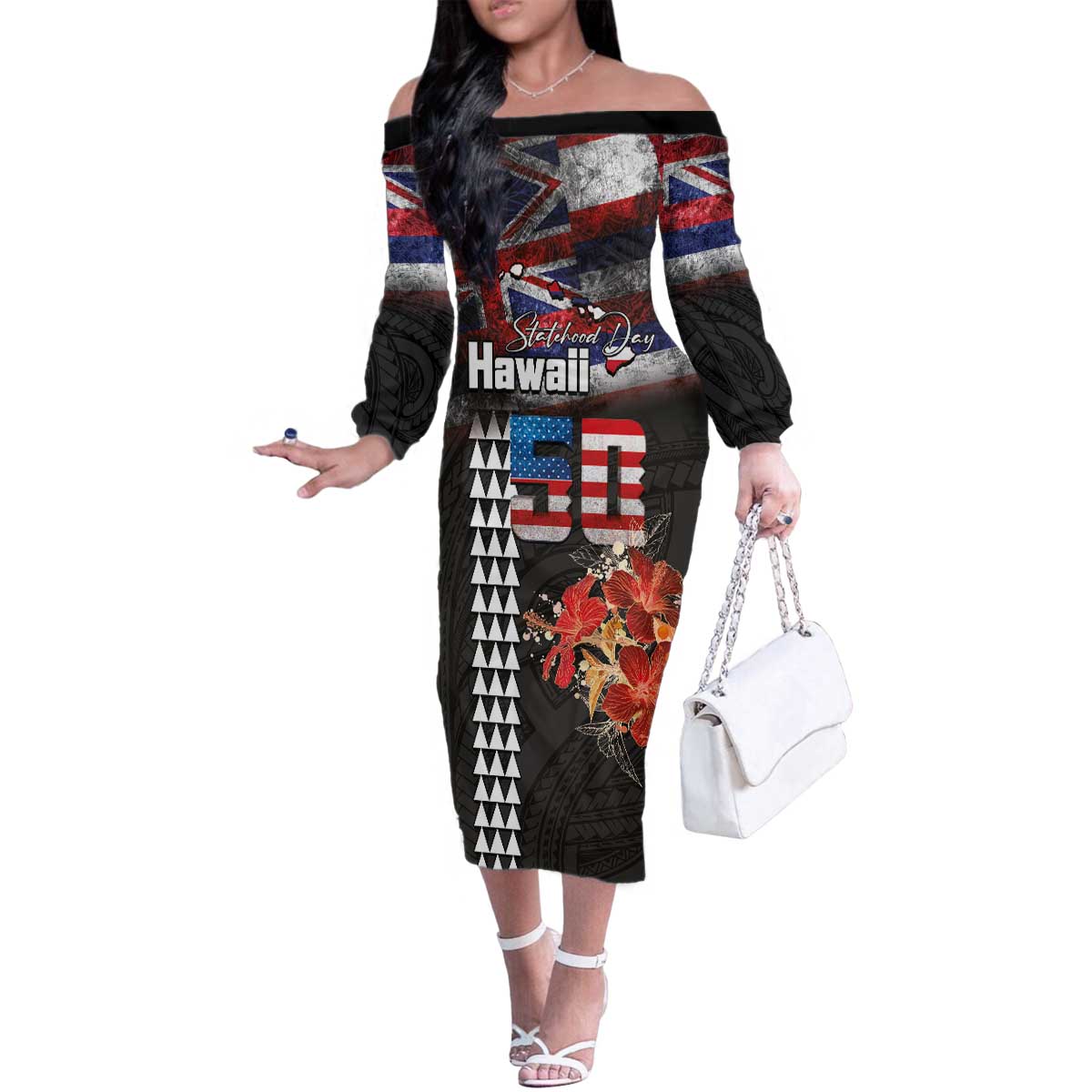 Hawaii Statehood Day Family Matching Off The Shoulder Long Sleeve Dress and Hawaiian Shirt 50th state of the United States Kakau Tattoos and Hibiscus Grunge - Polynesian Pride