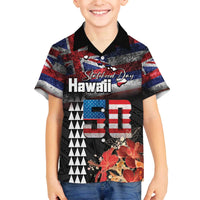 Hawaii Statehood Day Family Matching Off The Shoulder Long Sleeve Dress and Hawaiian Shirt 50th state of the United States Kakau Tattoos and Hibiscus Grunge - Polynesian Pride