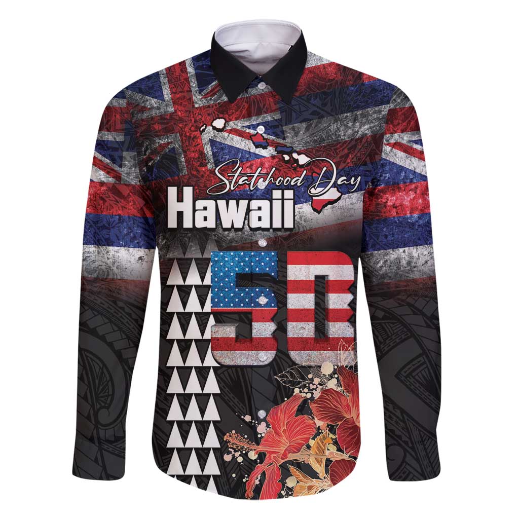 Hawaii Statehood Day Family Matching Off Shoulder Maxi Dress and Hawaiian Shirt 50th state of the United States Kakau Tattoos and Hibiscus Grunge LT03 Dad's Shirt - Long Sleeve Black - Polynesian Pride
