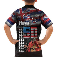 Hawaii Statehood Day Family Matching Off Shoulder Short Dress and Hawaiian Shirt 50th state of the United States Kakau Tattoos and Hibiscus Grunge LT03 - Polynesian Pride