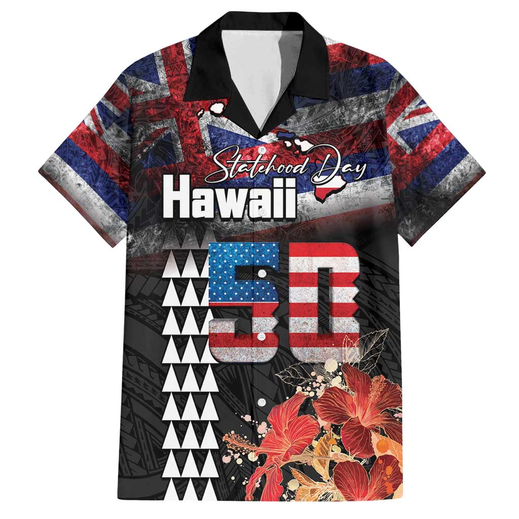 Hawaii Statehood Day Family Matching Off Shoulder Short Dress and Hawaiian Shirt 50th state of the United States Kakau Tattoos and Hibiscus Grunge LT03 Dad's Shirt - Short Sleeve Black - Polynesian Pride