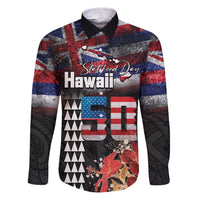 Hawaii Statehood Day Family Matching Puletasi and Hawaiian Shirt 50th state of the United States Kakau Tattoos and Hibiscus Grunge LT03 Dad's Shirt - Long Sleeve Black - Polynesian Pride