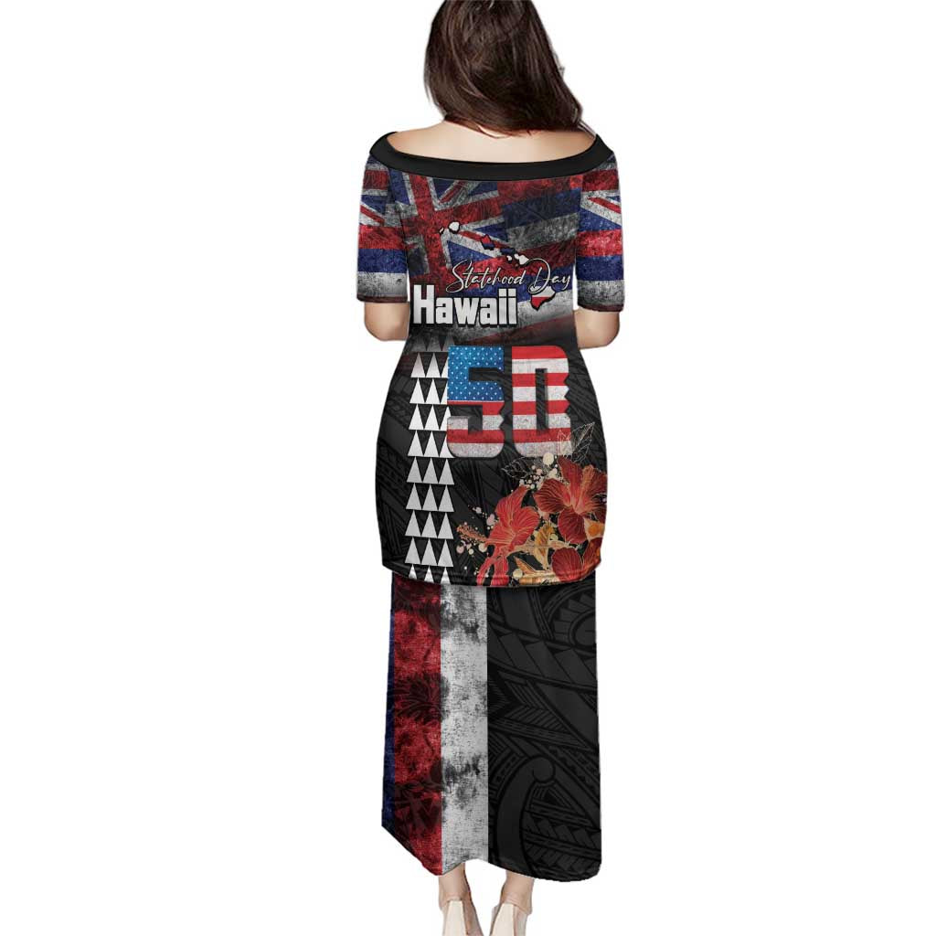 Hawaii Statehood Day Family Matching Puletasi and Hawaiian Shirt 50th state of the United States Kakau Tattoos and Hibiscus Grunge LT03 - Polynesian Pride
