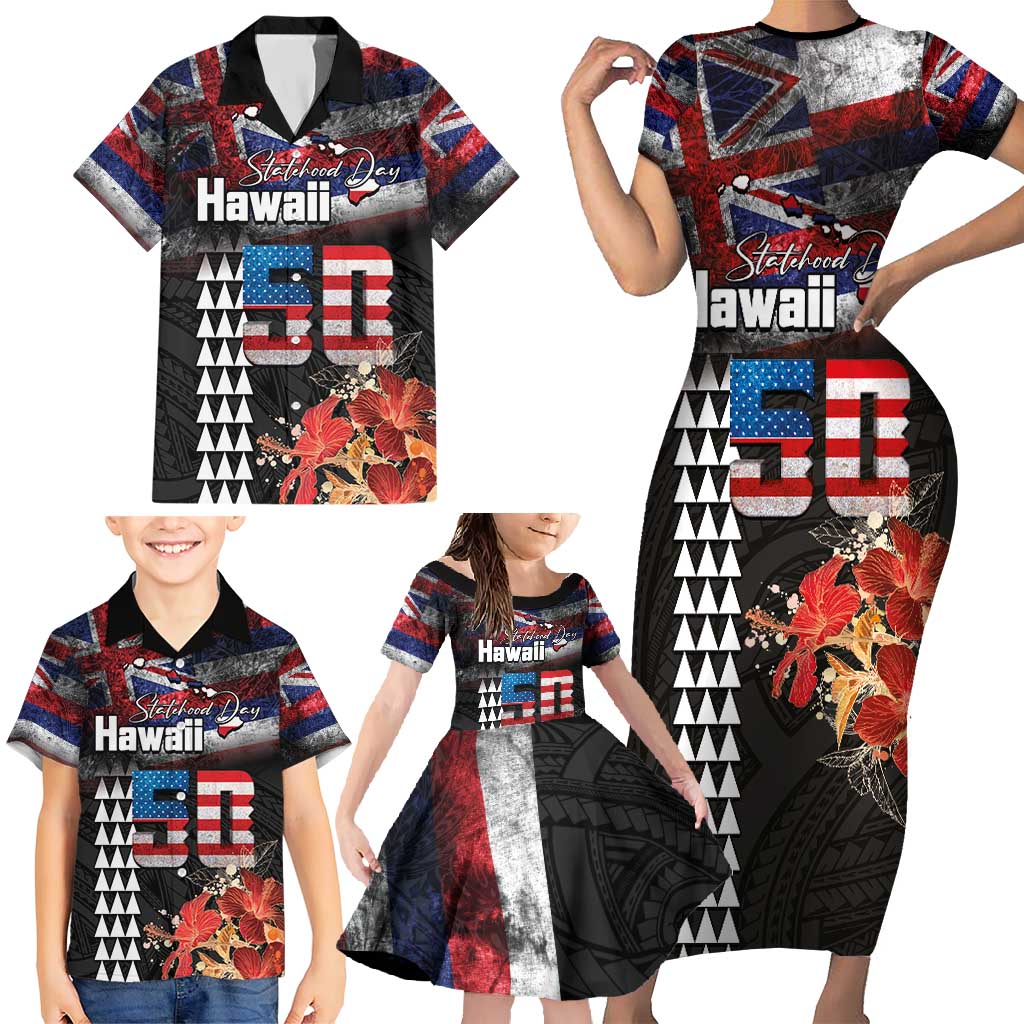 Hawaii Statehood Day Family Matching Short Sleeve Bodycon Dress and Hawaiian Shirt 50th state of the United States Kakau Tattoos and Hibiscus Grunge - Polynesian Pride