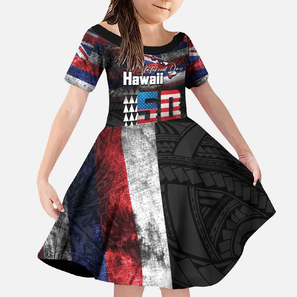 Hawaii Statehood Day Family Matching Summer Maxi Dress and Hawaiian Shirt 50th state of the United States Kakau Tattoos and Hibiscus Grunge LT03 Daughter's Dress Black - Polynesian Pride