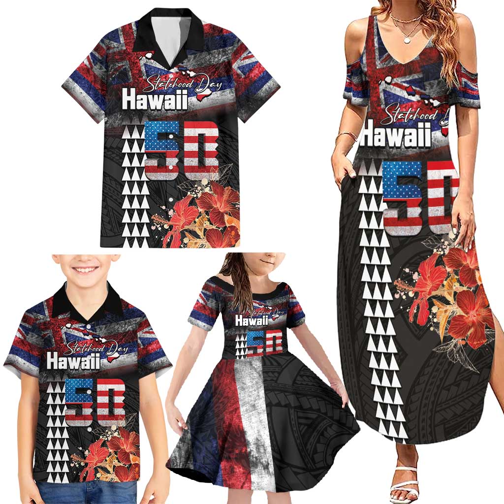 Hawaii Statehood Day Family Matching Summer Maxi Dress and Hawaiian Shirt 50th state of the United States Kakau Tattoos and Hibiscus Grunge LT03 - Polynesian Pride