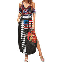 Hawaii Statehood Day Family Matching Summer Maxi Dress and Hawaiian Shirt 50th state of the United States Kakau Tattoos and Hibiscus Grunge LT03 Mom's Dress Black - Polynesian Pride