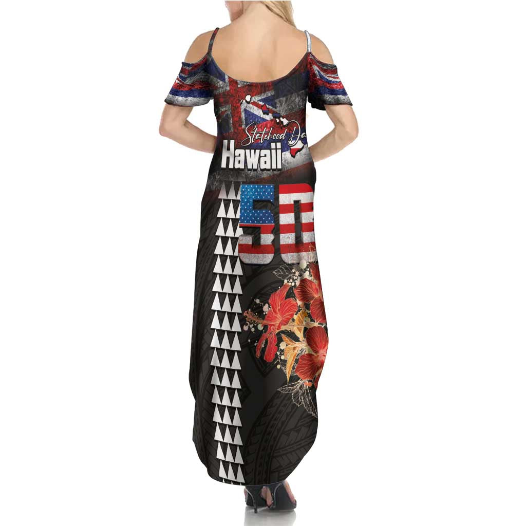 Hawaii Statehood Day Family Matching Summer Maxi Dress and Hawaiian Shirt 50th state of the United States Kakau Tattoos and Hibiscus Grunge LT03 - Polynesian Pride