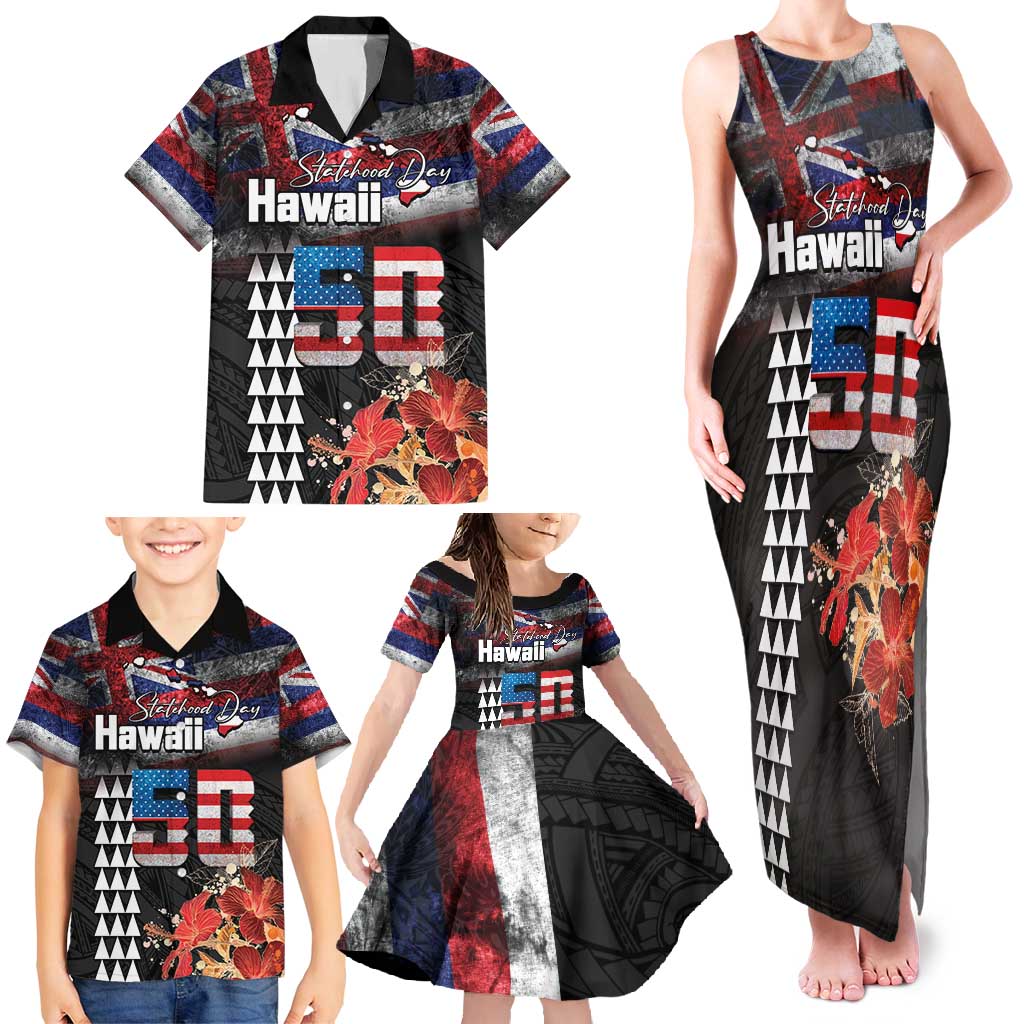 Hawaii Statehood Day Family Matching Tank Maxi Dress and Hawaiian Shirt 50th state of the United States Kakau Tattoos and Hibiscus Grunge LT03 - Polynesian Pride