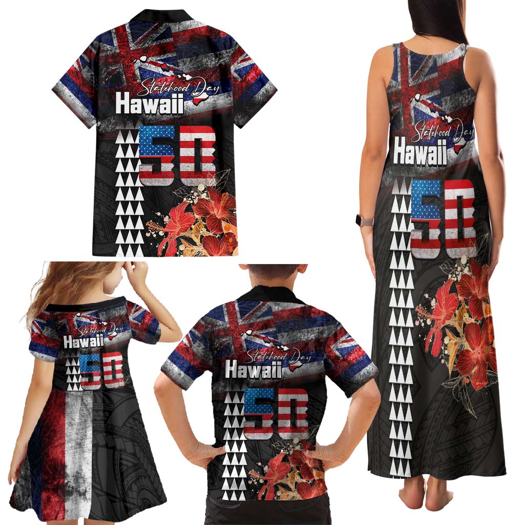 Hawaii Statehood Day Family Matching Tank Maxi Dress and Hawaiian Shirt 50th state of the United States Kakau Tattoos and Hibiscus Grunge LT03 - Polynesian Pride