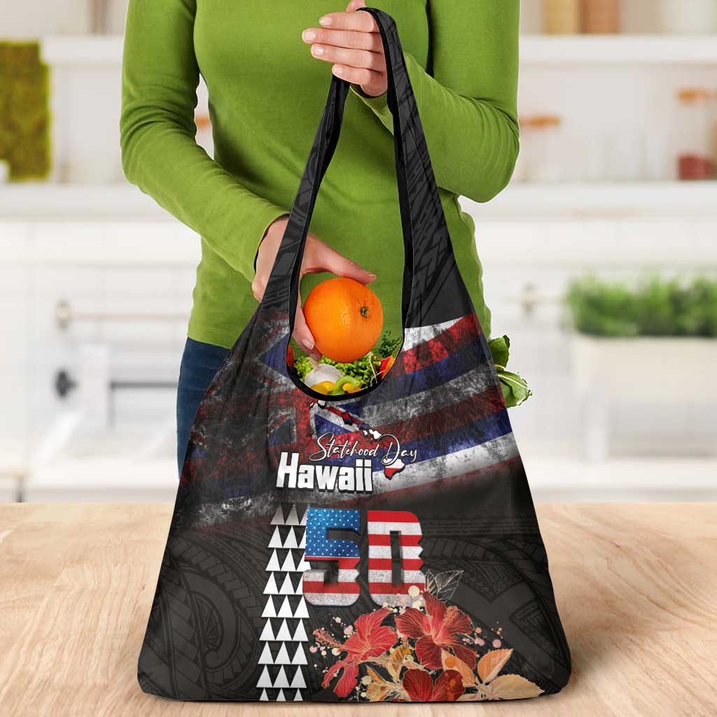 Hawaii Statehood Day Grocery Bag 50th state of the United States Kakau Tattoos and Hibiscus Grunge LT03 - Polynesian Pride