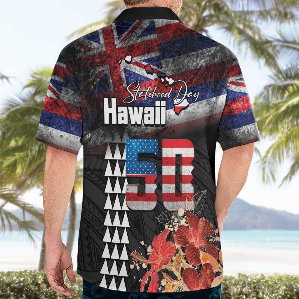 Hawaii Statehood Day Hawaiian Shirt 50th state of the United States Kakau Tattoos and Hibiscus Grunge LT03 - Polynesian Pride