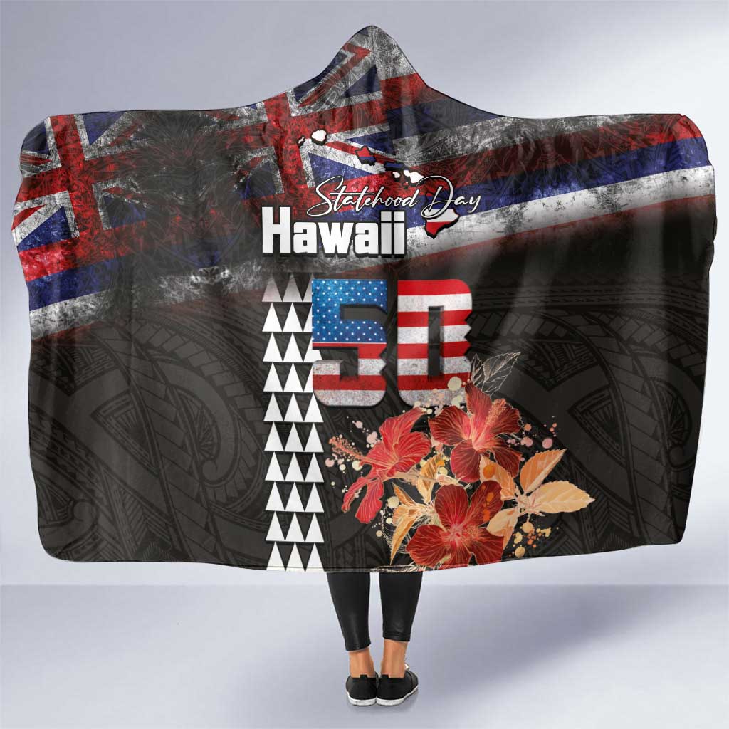Hawaii Statehood Day Hooded Blanket 50th state of the United States Kakau Tattoos and Hibiscus Grunge LT03 One Size Black - Polynesian Pride