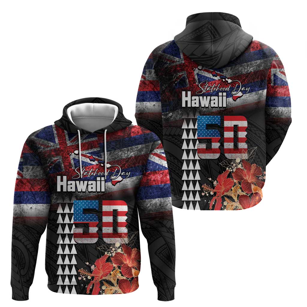 Hawaii Statehood Day Hoodie 50th state of the United States Kakau Tattoos and Hibiscus Grunge LT03 - Polynesian Pride