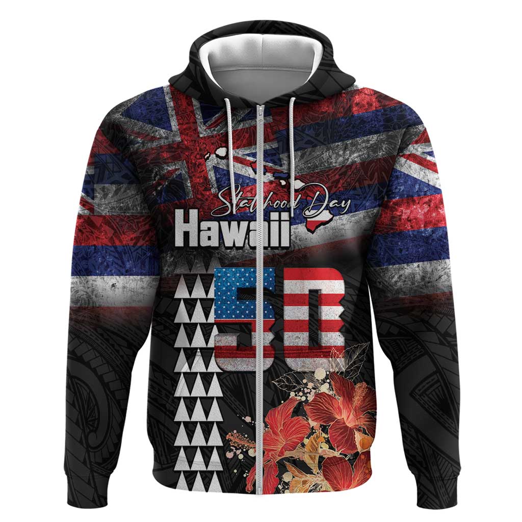 Hawaii Statehood Day Hoodie 50th state of the United States Kakau Tattoos and Hibiscus Grunge LT03 Zip Hoodie Black - Polynesian Pride